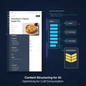 illustrating content structuring for AI, showcasing well-organized website content with clear Schema markup and modular blocks