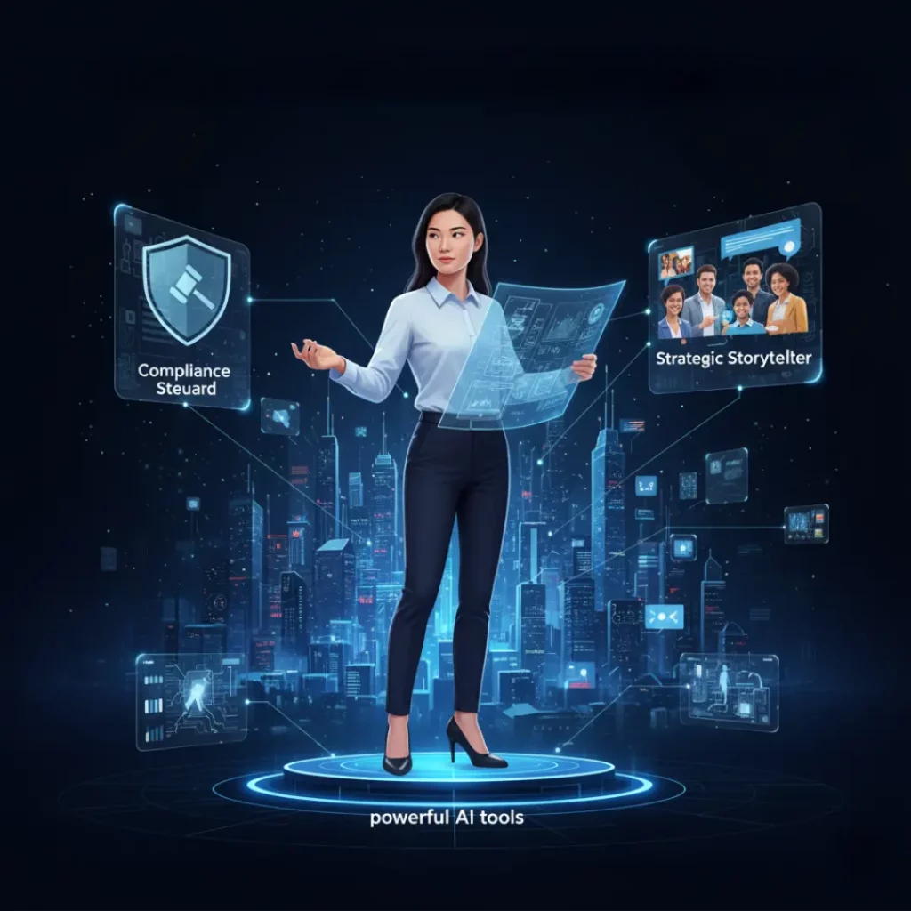 confident marketer overseeing a well-structured, glowing data system