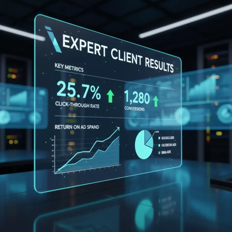 A digital holographic display in a dark office setting showing marketing metrics like a 25.7% click-through rate and 1,280 conversions.